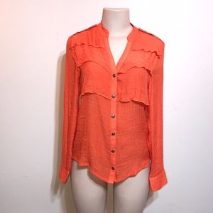 Orange Button Down Button Accent Ruffle Blouse